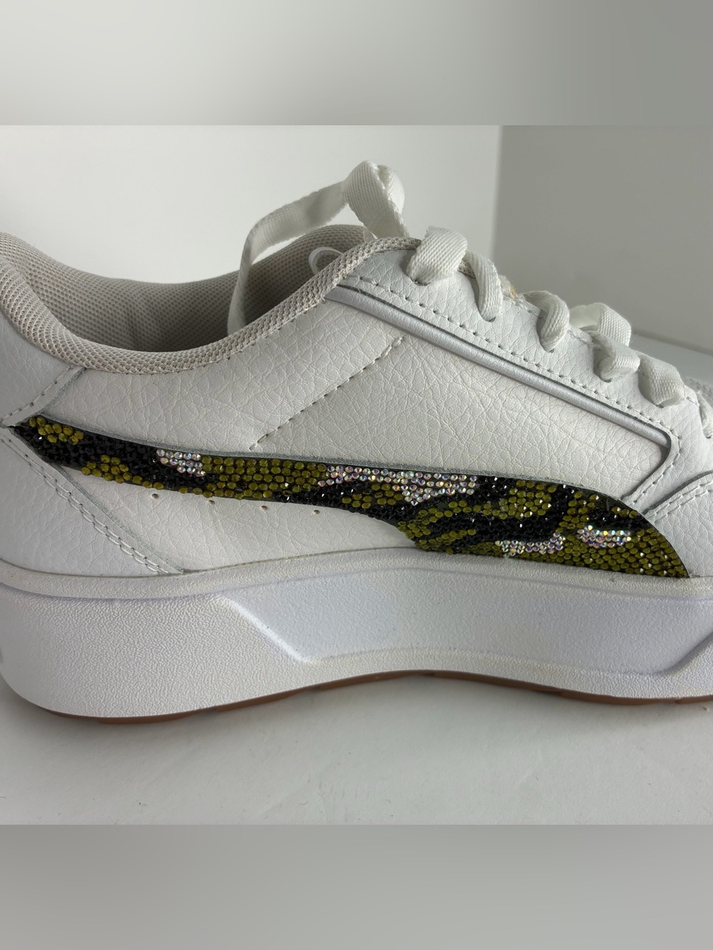 Custom Rhinestone Camo Puma White Platform Sneakers with - Picture 3 of 6
